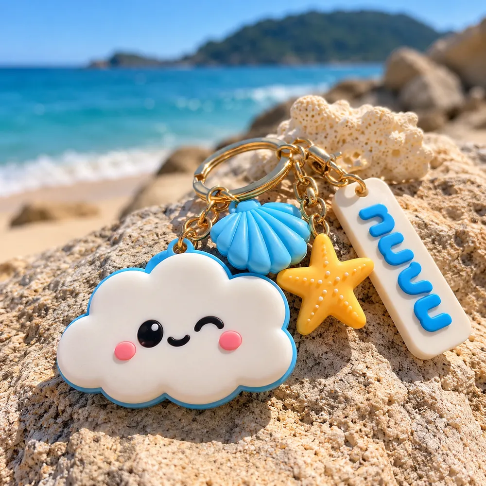 Chaveiro de nuvem sorridente com concha, estrela do mar e plaquinha numa pedra na praia